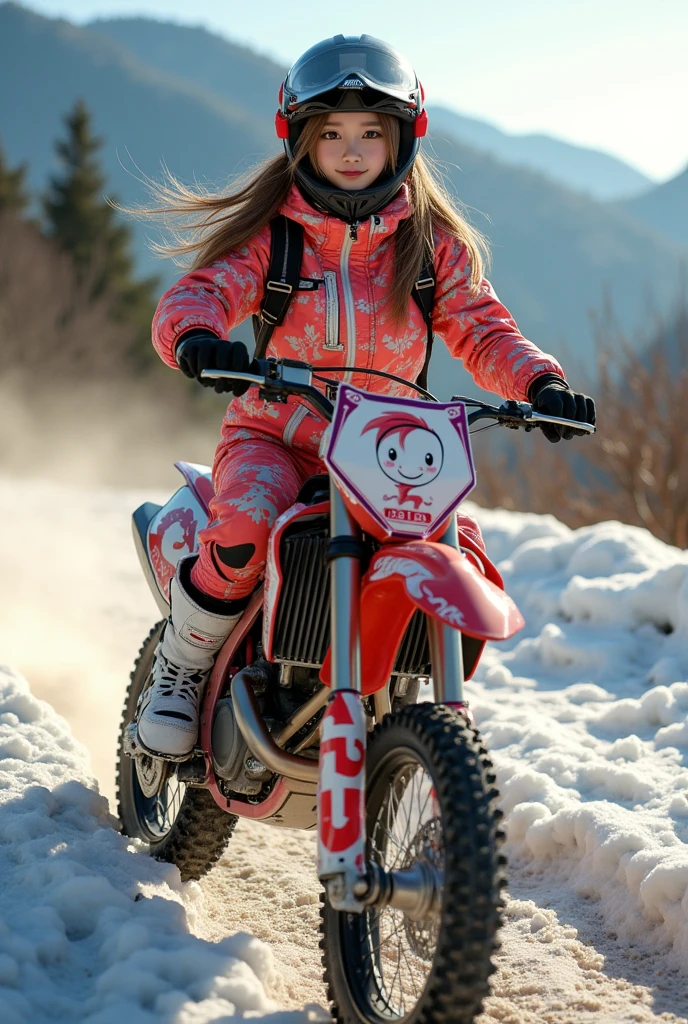 ultra-realistic, photorealistic, dramatic scene, shadow, global-illumination, solo, very beautiful Japanese woman, she is high school student but professional off-road motorcycle rider, She is riding a cute daikon radish character printed Kawasaki's off-road motorcycle, at the snow covered dirt road in the mountain, wearing a very cute fast-look neon patterned winter riding jacket with warm over pants, loose fitting wears, leather winter glove, wearing a fast-look patterned SHOEI full-face off-road-helmet with a transparent visor, beautiful detailed her eyes, the white daikon that printed on the side of her motorcycle is 1 daikon\(large, very cute white daikon radish character, very cute smiled face, detailed surface texture, chubby, medium-long, full body\), professional lighting, warm winter sunshine, she looks so happy, She shows exceptional skill in high-speed riding