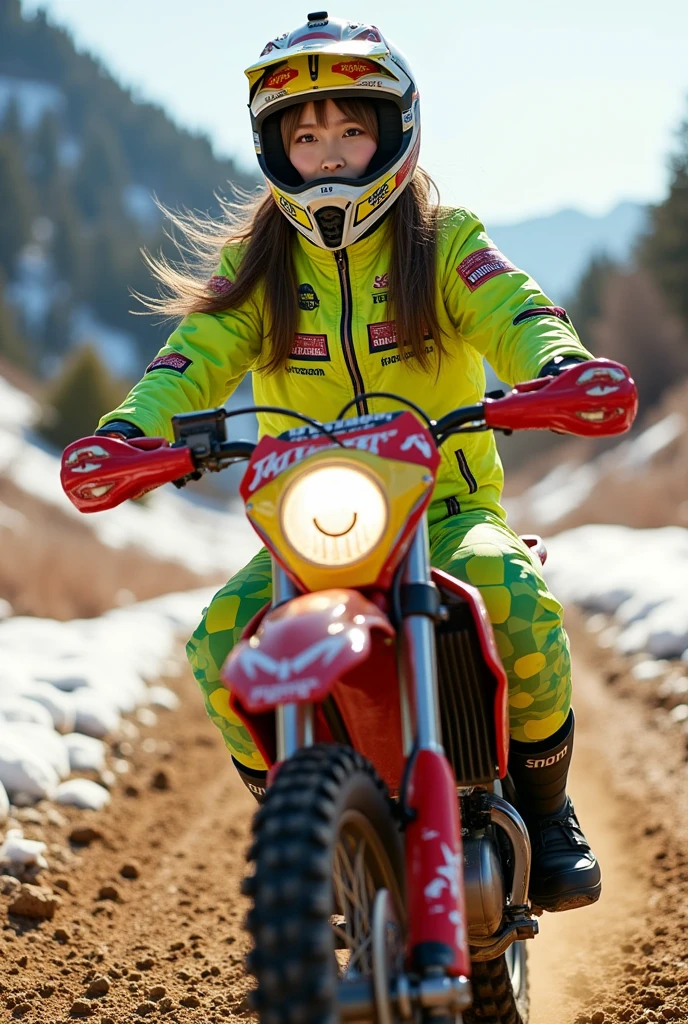 ultra-realistic, photorealistic, dramatic scene, shadow, global-illumination, solo, very beautiful Japanese woman, she is high school student but professional off-road motorcycle rider, She is riding a cute daikon radish character printed Kawasaki's off-road motorcycle, at the snow covered dirt road in the mountain, wearing a very cute fast-look neon patterned winter riding jacket with warm over pants, loose fitting wears, leather winter glove, wearing a fast-look patterned SHOEI full-face off-road-helmet with a transparent visor, beautiful detailed her eyes, the white daikon that printed on the side of her motorcycle is 1 daikon\(large, very cute white daikon radish character, very cute smiled face, detailed surface texture, chubby, medium-long, full body\), professional lighting, warm winter sunshine, she looks so happy, She shows exceptional skill in high-speed riding