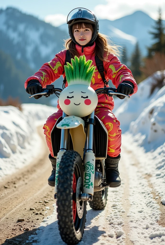 ultra-realistic, photorealistic, dramatic scene, shadow, global-illumination, solo, very beautiful Japanese woman, she is high school student but professional off-road motorcycle rider, She is riding a cute daikon radish character printed Kawasaki's off-road motorcycle, at the snow covered dirt road in the mountain, wearing a very cute fast-look neon patterned winter riding jacket with warm over pants, loose fitting wears, leather winter glove, wearing a fast-look patterned SHOEI full-face off-road-helmet with a transparent visor, beautiful detailed her eyes, the white daikon that printed on the side of her motorcycle is 1 daikon\(large, very cute white daikon radish character, very cute smiled face, detailed surface texture, chubby, medium-long, full body\), professional lighting, warm winter sunshine, she looks so happy, She shows exceptional skill in high-speed riding