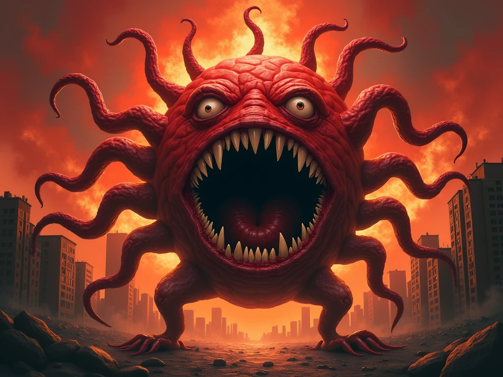 masterpiece, cac0dem0n, rottentech, a red floating head with one green eye and sharp teeth and spiky horn, filthy, biohazard, slimy, drooling, hell background, cinematic lighting, intricate, detailed, OverallDetail <lora:Cac0Dem0n:0.7> <lora:RottenTech-30:0.7> <lora:add_detail:0.8>