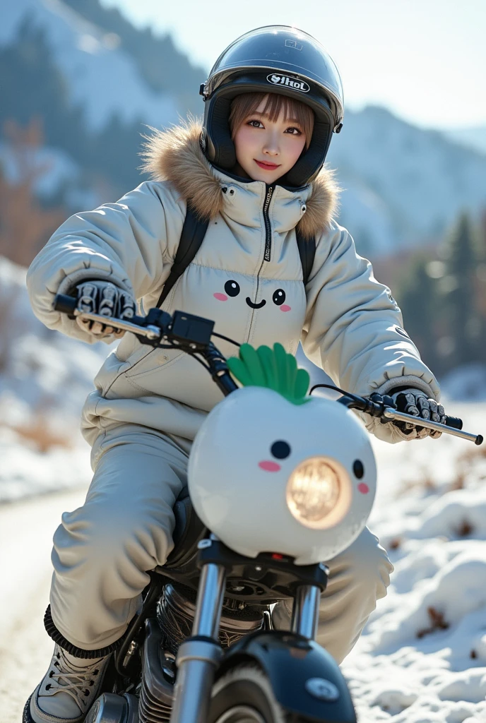 ultra-realistic, photorealistic, dramatic scene, shadow, global-illumination, solo, very beautiful Japanese woman, she is high school student but professional off-road motorcycle rider, She is riding a Kawasaki's off-road motorcycle, at the snow covered dirt road in the mountain, wearing a very cute white daikon radish character printed with fast-look patterned winter riding jacket with warm over pants, loose fitting wears, wearing a fast-look patterned SHOEI full-face off-road-helmet with a transparent visor, beautiful detailed her eyes, the white daikon that printed on the side of her motorcycle is 1 daikon\(large, very cute white daikon radish character, very cute smiled face, detailed surface texture, chubby, medium-long, full body\), professional lighting, warm winter sunshine, she looks so happy, She shows exceptional skill in high-speed riding