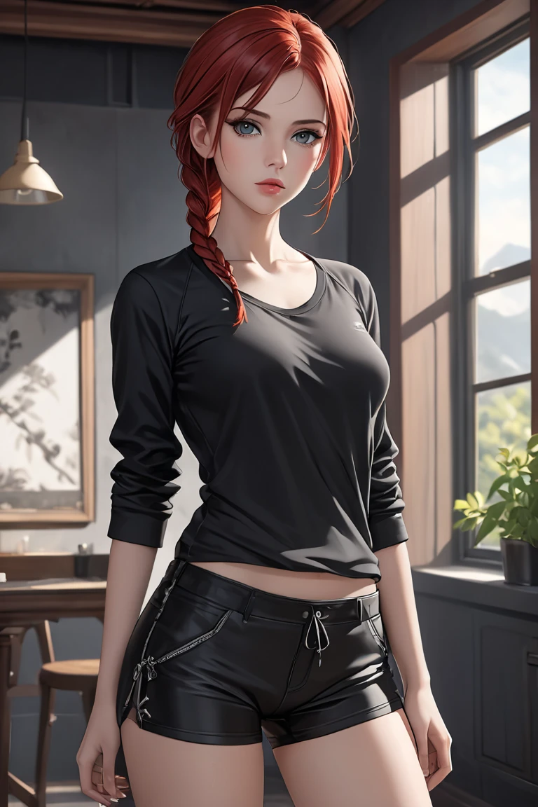 (masterpiece, best quality, 8k, high definition ), whole body, 1 woman , straight red hair tied into a side braid, Mid-chest, grey Eyes , soft lips , Beautiful face, wearing tight black fabric shorts, black shirt, black jacket, natural light, detailed background, Detailed Illustration Art , standing in an impossible reality