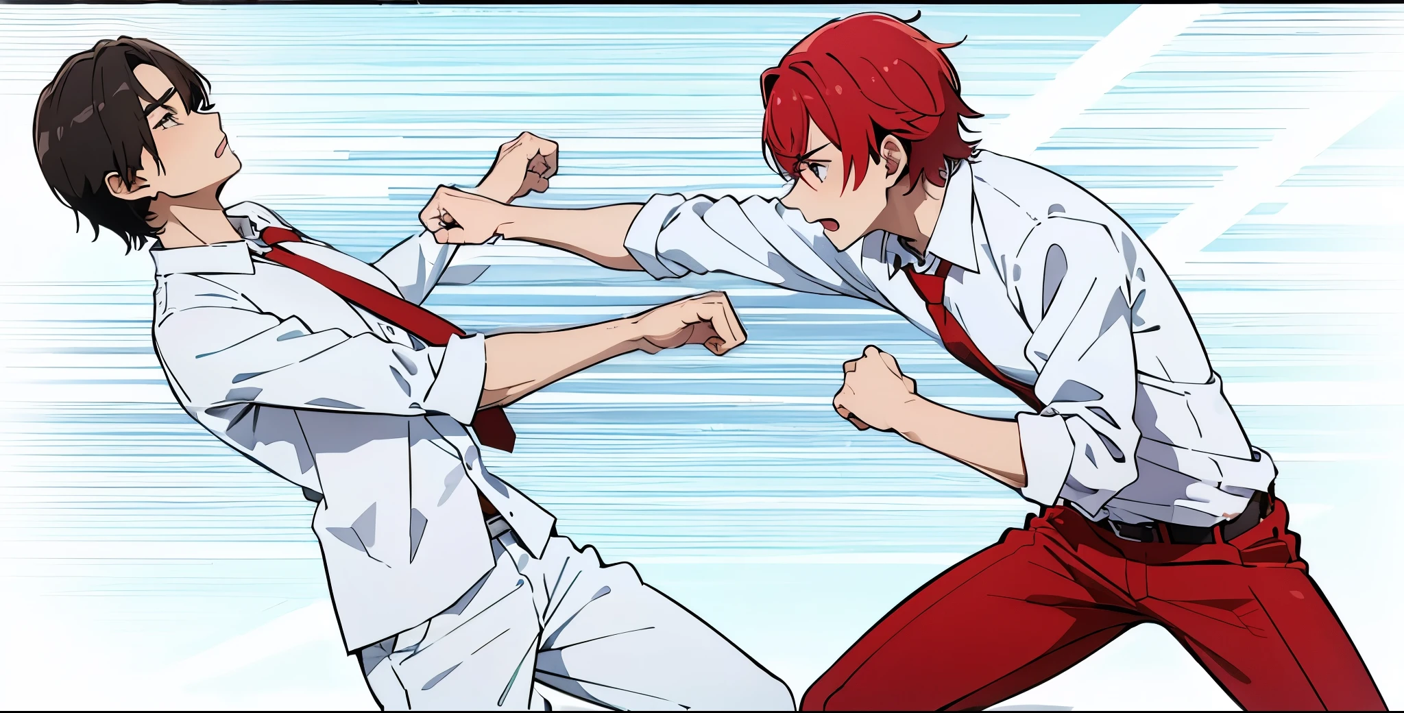 2 boys fighting, wearing white shirt, red tie, black pants, punching , dynamic action scenes 