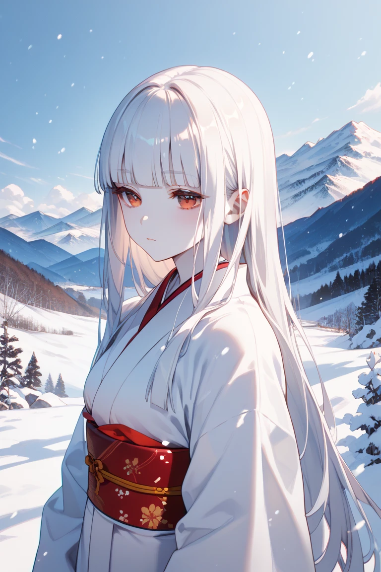 masterpiece,best quality,simple,minimalism,hime cut,beautiful japanese girl with straight black long hair,troubled and groomed eyebrows,red eyes,slanted eyes,half opened eyes,white skin,white kimono red obi,simple background,snow,mountain,snowstorm