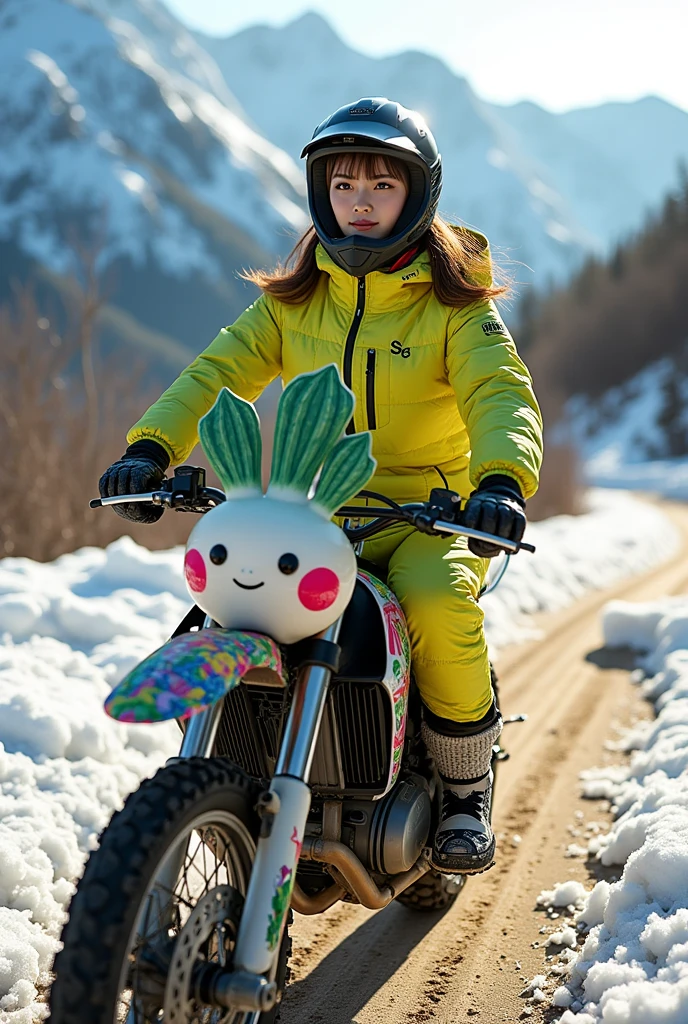 ultra-realistic, photorealistic, dramatic scene, shadow, global-illumination, solo, very beautiful Japanese woman, she is high school student but professional off-road motorcycle rider, She is riding a cute daikon radish character printed Kawasaki's off-road motorcycle, at the snow covered dirt road in the mountain, wearing a very cute fast-look neon patterned winter riding jacket with warm over pants, loose fitting wears, leather winter glove, wearing a fast-look patterned SHOEI full-face off-road-helmet with a transparent visor, beautiful detailed her eyes, the white daikon that printed on the side of her motorcycle is 1 daikon\(large, very cute white daikon radish character, very cute smiled face, detailed surface texture, chubby, medium-long, full body\), professional lighting, warm winter sunshine, she looks so happy, She shows exceptional skill in high-speed riding