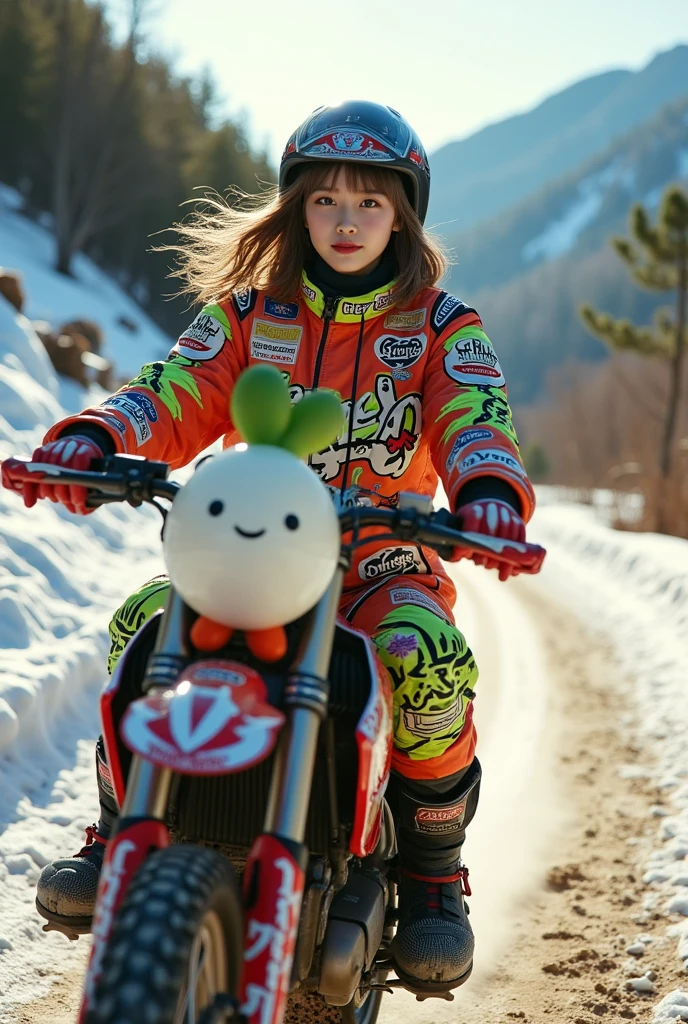 ultra-realistic, photorealistic, dramatic scene, shadow, global-illumination, solo, very beautiful Japanese woman, she is high school student but professional off-road motorcycle rider, She is riding a cute daikon radish character printed Kawasaki's off-road motorcycle, at the snow covered dirt road in the mountain, wearing a very cute fast-look neon patterned winter riding jacket with warm over pants, loose fitting wears, leather winter glove, wearing a fast-look patterned SHOEI full-face off-road-helmet with a transparent visor, beautiful detailed her eyes, the white daikon that printed on the side of her motorcycle is 1 daikon\(large, very cute white daikon radish character, very cute smiled face, detailed surface texture, chubby, medium-long, full body\), professional lighting, warm winter sunshine, she looks so happy, She shows exceptional skill in high-speed riding