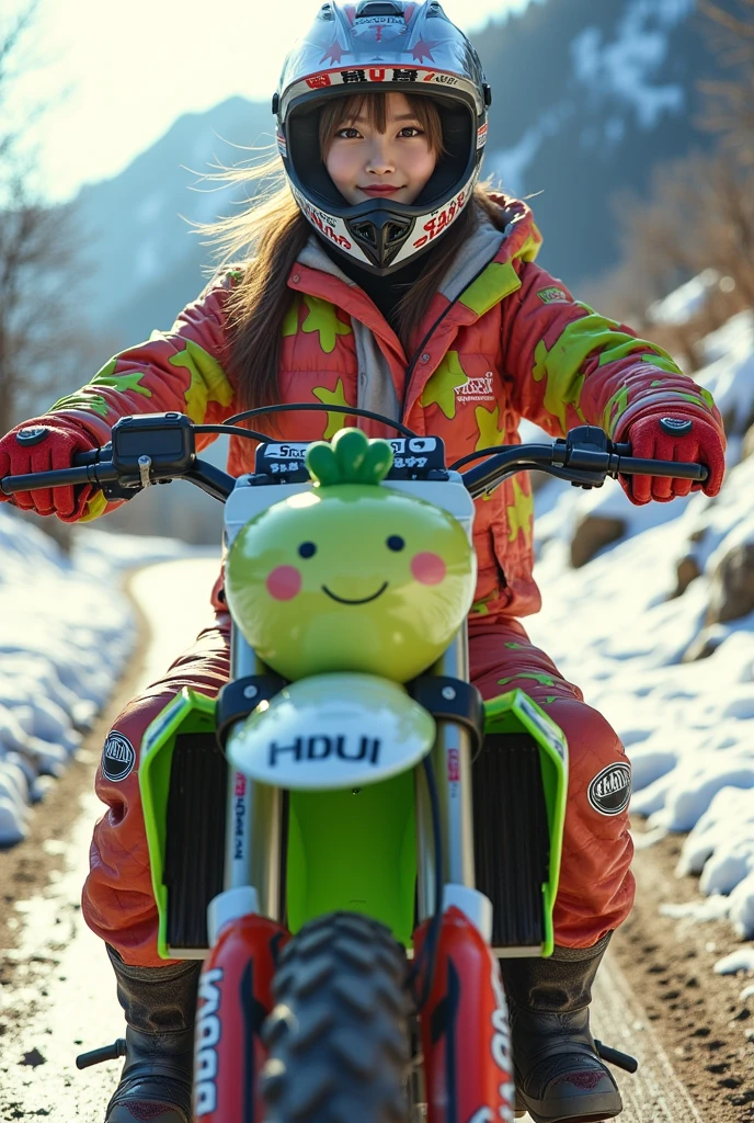 ultra-realistic, photorealistic, dramatic scene, shadow, global-illumination, solo, very beautiful Japanese woman, she is high school student but professional off-road motorcycle rider, She is riding a cute daikon radish character printed Kawasaki's off-road motorcycle, at the snow covered dirt road in the mountain, wearing a very cute fast-look neon patterned winter riding jacket with warm over pants, loose fitting wears, leather winter glove, wearing a fast-look patterned SHOEI full-face off-road-helmet with a transparent visor, beautiful detailed her eyes, the white daikon that printed on the side of her motorcycle is 1 daikon\(large, very cute white daikon radish character, very cute smiled face, detailed surface texture, chubby, medium-long, full body\), professional lighting, warm winter sunshine, she looks so happy, She shows exceptional skill in high-speed riding