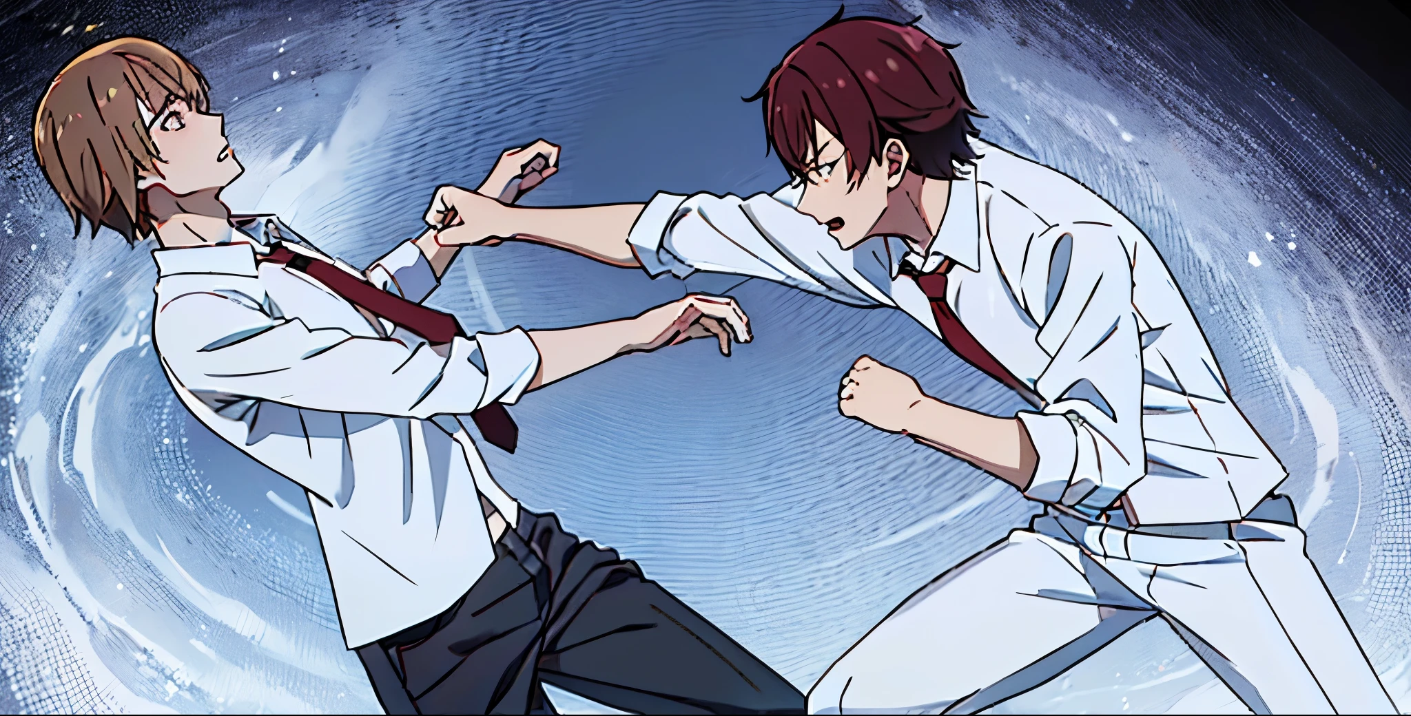 2 boys fighting, wearing white shirt, red tie, black pants, punching , dynamic action scenes 