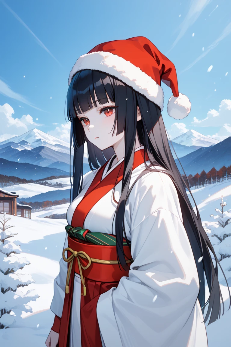 masterpiece,best quality,simple,minimalism,hime cut,beautiful japanese girl with straight black long hair,troubled and groomed eyebrows,red eyes,slanted eyes,half opened eyes,white skin,white kimono red obi,simple background,snow,mountain,snowstorm,santa hat