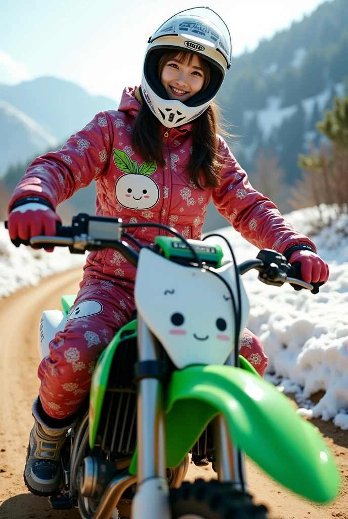 ultra-realistic, photorealistic, dramatic scene, shadow, global-illumination, solo, very beautiful Japanese woman, she is high school student but professional off-road motorcycle rider, She is riding a cute daikon radish character printed Kawasaki's off-road motorcycle, at the snow covered dirt road in the mountain, wearing a very cute fast-look neon patterned winter riding jacket with warm over pants, loose fitting wears, leather winter glove, wearing a fast-look patterned SHOEI full-face off-road-helmet with a transparent visor, beautiful detailed her eyes, the white daikon that printed on the side of her motorcycle is 1 daikon\(large, very cute white daikon radish character, very cute smiled face, detailed surface texture, chubby, medium-long, full body\), professional lighting, warm winter sunshine, she looks so happy, She shows exceptional skill in high-speed riding