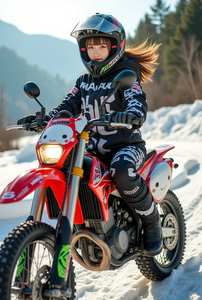 ultra-realistic, photorealistic, dramatic scene, shadow, global-illumination, solo, very beautiful Japanese woman, she is high school student but professional off-road motorcycle rider, She is riding a Kawasaki's off-road motorcycle, at the snow covered dirt road in the mountain, wearing a very cute white daikon radish character printed with fast-look patterned winter riding jacket with warm over pants, loose fitting wears, wearing a fast-look patterned SHOEI full-face off-road-helmet with a transparent visor, beautiful detailed her eyes, the white daikon that printed on the side of her motorcycle is 1 daikon\(large, very cute white daikon radish character, very cute smiled face, detailed surface texture, chubby, medium-long, full body\), professional lighting, warm winter sunshine, she looks so happy, She shows exceptional skill in high-speed riding, (shoot from side)