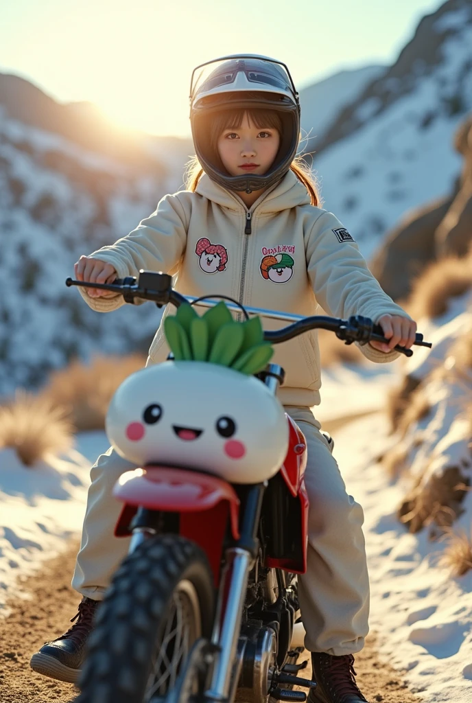 ultra-realistic, photorealistic, dramatic scene, shadow, global-illumination, solo, very beautiful Japanese woman, she is high school student but professional off-road motorcycle rider, She is riding a cute daikon radish character printed Kawasaki's off-road motorcycle, at the snow covered dirt road in the mountain, wearing a very cute fast-look neon patterned winter riding jacket with warm over pants, loose fitting wears, leather winter glove, wearing a fast-look patterned SHOEI full-face off-road-helmet with a transparent visor, beautiful detailed her eyes, the white daikon that printed on the side of her motorcycle is 1 daikon\(large, very cute white daikon radish character, very cute smiled face, detailed surface texture, chubby, medium-long, full body\), professional lighting, warm winter sunshine, she looks so happy, She shows exceptional skill in high-speed riding