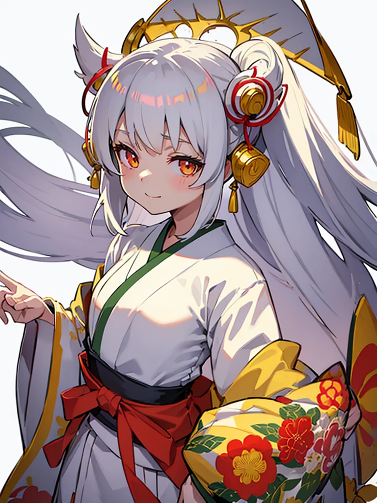 1girl, green hair, long hair, (bangs:0.7), kimono, japanese cloth, white kimono, red hakama, masterpiece, standing, upper body, smile, large breasts, yellow eyes, white horn, miko uniform, (white background:1.7), (loli, female , short stature, petite, diminutive:1.5), looking at viewer, from front, dutch angle, (portrait:1.5), face, 