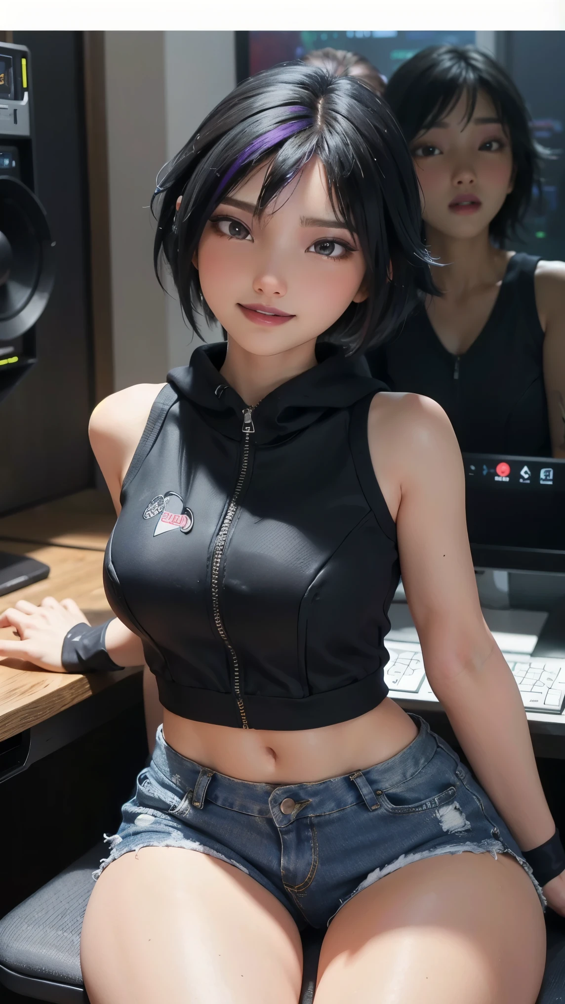 Gogo tomago,(best qualityer,4K,8k,high resolution,work of art:1.2)(weather: cloudy), Tokyo city background, gaming room, sleeveless gamer hoodie, fishnet sleeves, black fingerless gloves, denim micro shorts, fishnet pantyhose, converse sneakers, loop earrings, tetris embroidery, cheek mole, short wavy hair, black hair with purple highlight, ultra detailed, realistic, portrait,beautiful detailed brown eyes, glowing eyes,blush,beautiful detailed lips,extremely detailed eye and face, long eyelashes,sexy,average, medium breasts,beaming smile, sexy smile, powerful girl, sexy pose, stunning curves, bright coloured, dramatic lighting, sitting on a gaming chair,