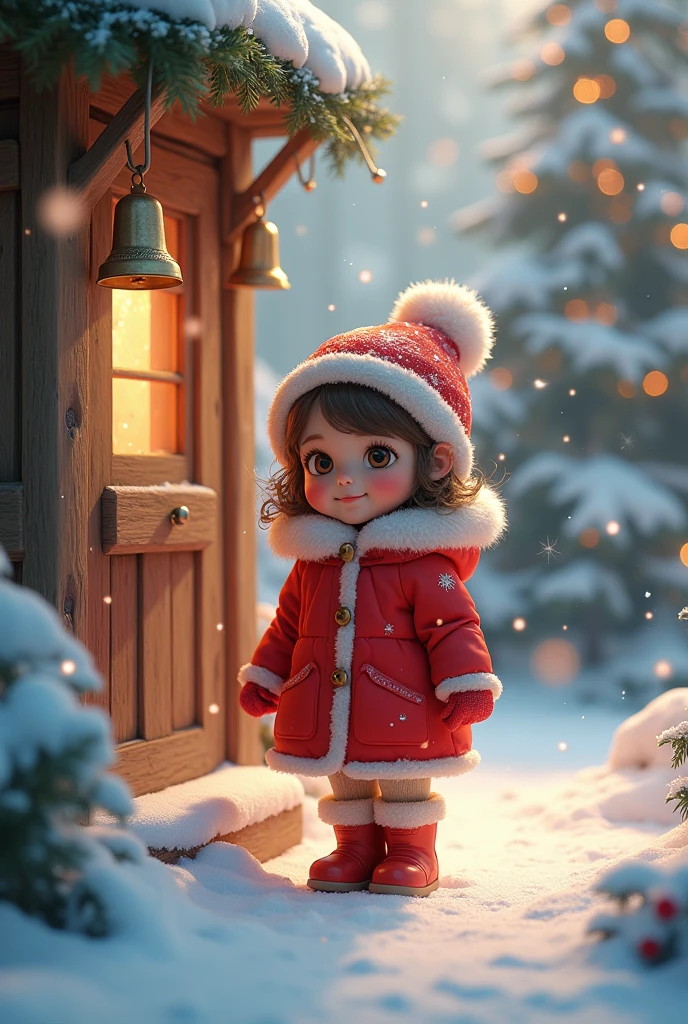  A beautiful bell in the hand of a girl wearing a beautiful New Year's red Cloak with fur, Snowy winter season ,  masterpiece fails, 8 k,  complicated details,  maximum quality ,  better quality , 