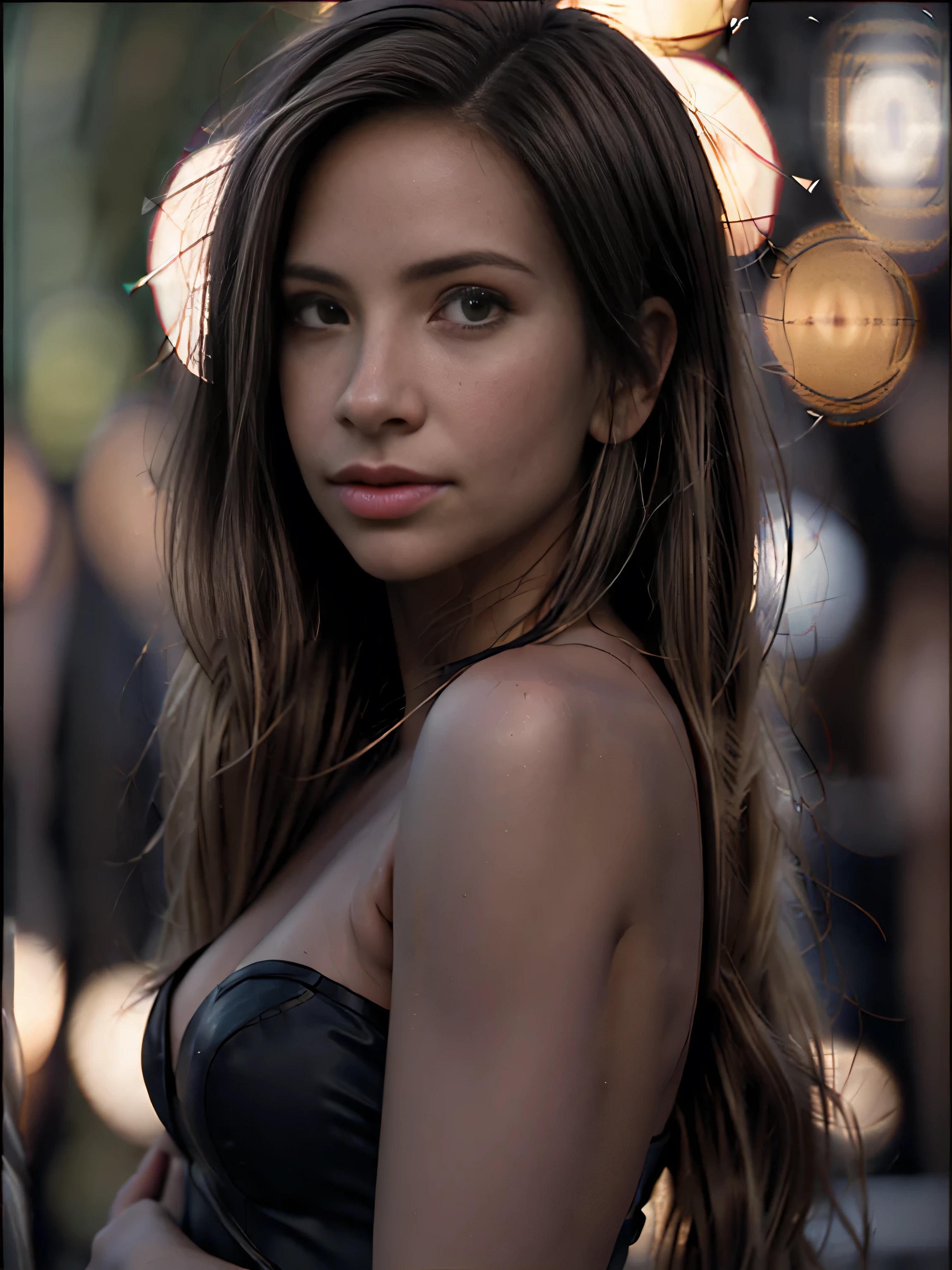 (shallow depth of field:1.4), Chiaroscuro Lighting Style, partially covered in shadow, epiCPhoto, 1girl, shameless pose, crowded bar, dim light, (lens flare:.4), (cinematic bokeh:1.6), blond tips, bob hair