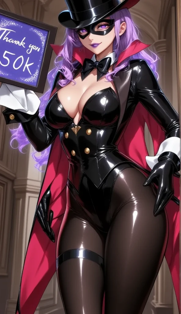  1 mature beautiful woman ,(masterpiece:1.3, top quality :1.3, very detailed depiction:1.3, incredible high definition:1.3,High quality anime drawings),(The Enchanting Thief:1.3),(Sexy phantom thief costume, tuxedo,Gentleman&#39;s hat, is hiding my eyes with a black venetian mask:1.3,latex, luxury accessories , black tights, boots),(Glowing purple eyes, half-closed eyes:1.3, Crazy Eyes , big breasts, bewitching smile,Glossy lips, flashy makeup, eyeshadow,Seductive gestures,Beautiful legs, healthy legs,Curvaceous Body,High quality skin),Full body images:2.0,「Thank you 50K」holding a message board that reads:2.3