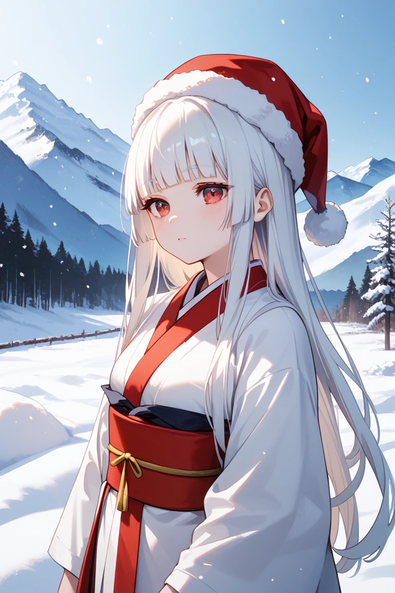 masterpiece,best quality,simple,minimalism,hime cut,cute japanese girl,(((straight white long hair))),troubled and groomed eyebrows,red eyes,slanted eyes,half opened eyes,white skin,white kimono red obi,simple background,snow,mountain,snowstorm,santa hat