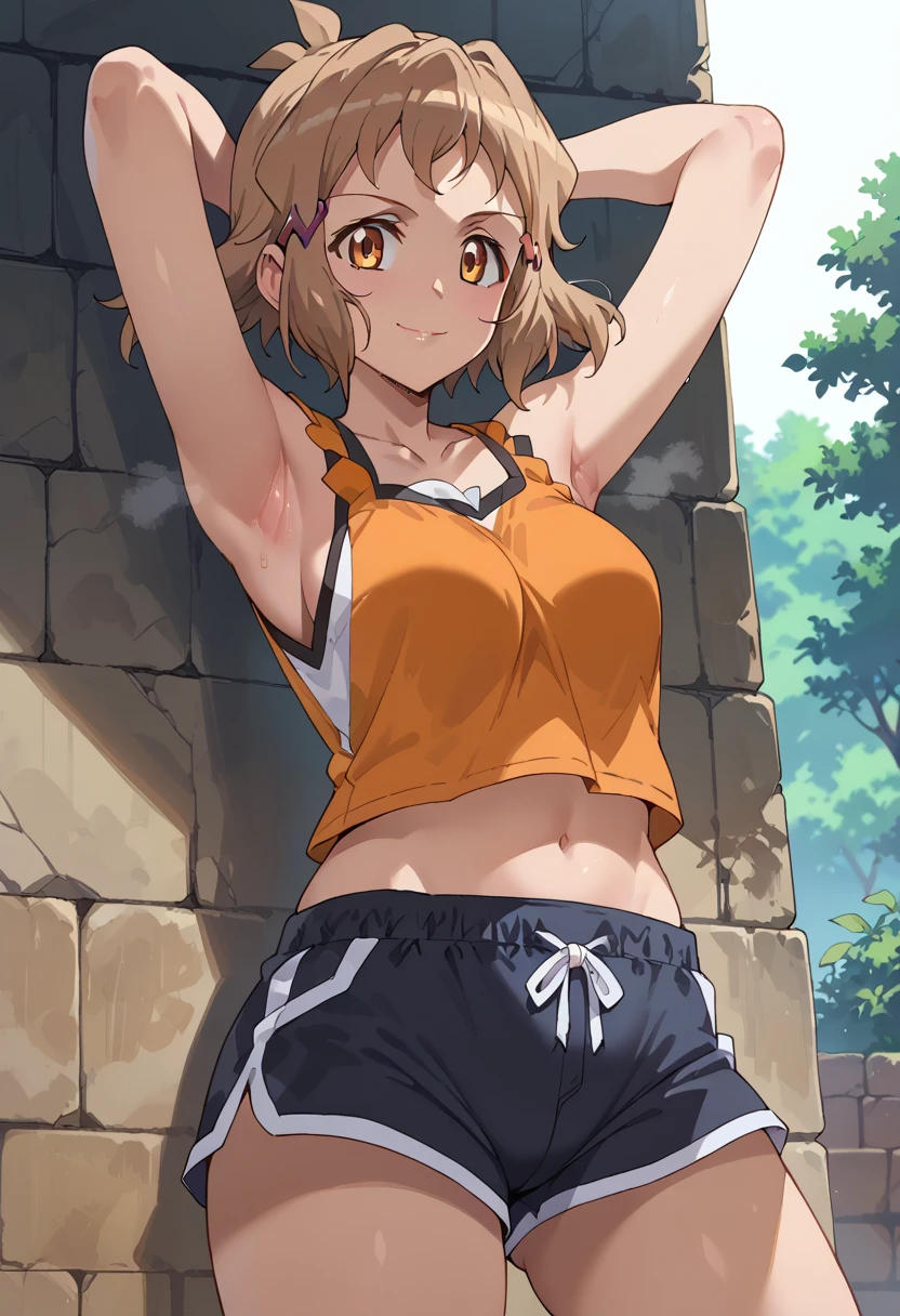 score_9, score_8_  up, score_7_  up, score_6_  up,   Source_Anime, rating_    Explicit,   One Girl  , (Alone:1.2), Orange Ringtones (  Symphogear )
 short hair,  One girl , Brown Hair, hair clip, 茶色のeye大きな胸,  light Brown Hair, blunt bangs, オレンジeye,  Oren tank top ,    clevis on a stone, midriff, belly button,   black shorts,   short shorts,   dolphin shorts , smile, Half-open（Hanbiraki   ）eye,   open my lips, Narrow shoulders, steaming body, canteen, indoor,   viewers,   with arms crossed over head, armpits close-  up