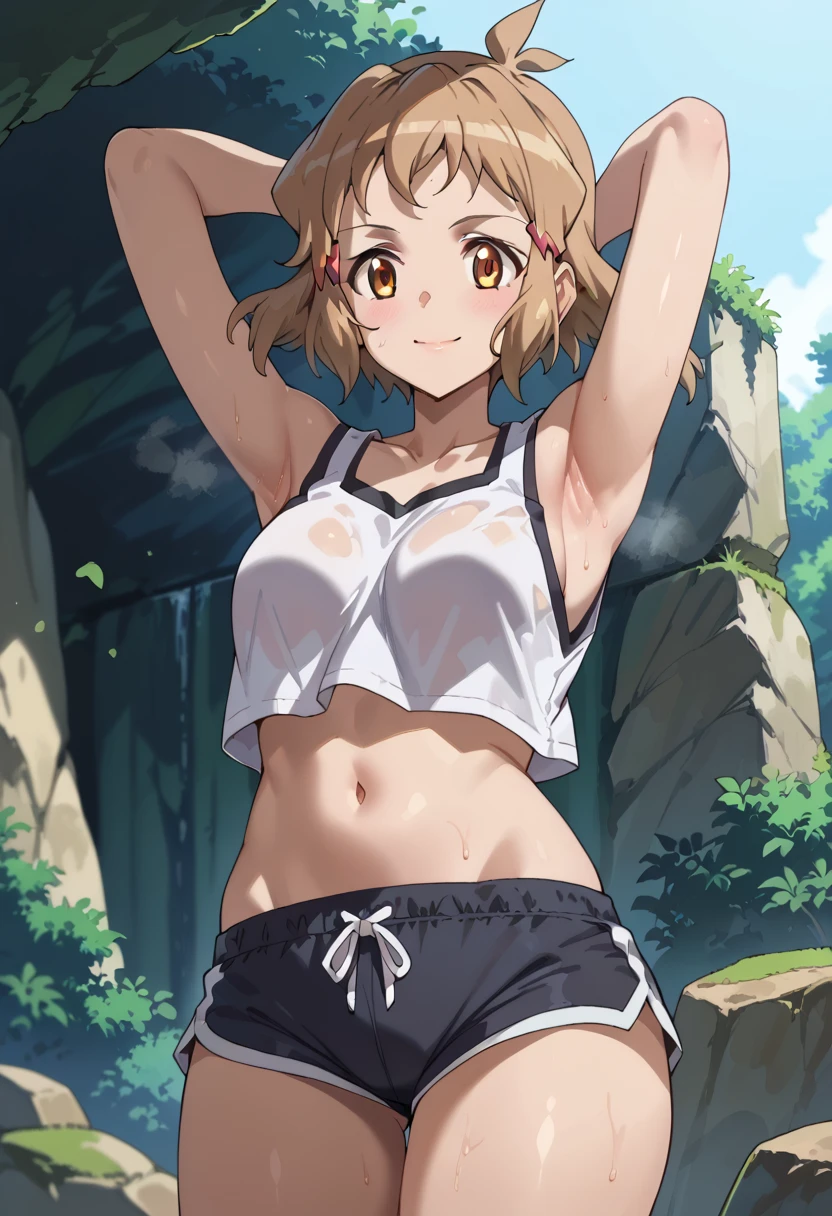 score_9, score_8_  up, score_7_  up, score_6_  up,   Source_Anime, rating_    Explicit,   One Girl  , (Alone:1.2), Orange Ringtones (  Symphogear )
 short hair,  One girl , Brown Hair, hair clip, 茶色のeye大きな胸,  light Brown Hair, blunt bangs, オレンジeye,  Oren tank top ,    clevis on a stone, midriff, belly button,   black shorts,   short shorts,   dolphin shorts , smile, Half-open（Hanbiraki   ）eye,   open my lips, Narrow shoulders, steaming body, canteen, indoor,   viewers,   with arms crossed over head, armpits close-  up