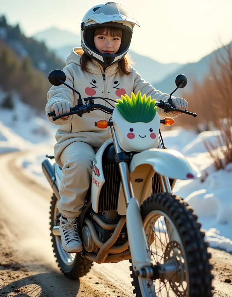 ultra-realistic, photorealistic, dramatic scene, shadow, global-illumination, solo, very beautiful Japanese woman, she is high school student but professional off-road motorcycle rider, She is riding a cute daikon radish character printed Kawasaki's off-road motorcycle, at the snow covered dirt road in the mountain, wearing a very cute fast-look neon patterned winter riding jacket with warm over pants, loose fitting wears, leather winter glove, wearing a fast-look patterned SHOEI full-face off-road-helmet with a transparent visor, beautiful detailed her eyes, the white daikon that printed on the side of her motorcycle is 1 daikon\(large, very cute white daikon radish character, very cute smiled face, detailed surface texture, chubby, medium-long, full body\), professional lighting, warm winter sunshine, she looks so happy, She shows exceptional skill in high-speed riding