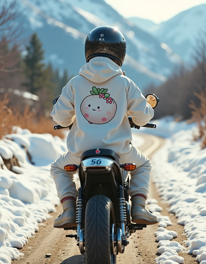 ultra-realistic, photorealistic, dramatic scene, shadow, global-illumination, solo, very beautiful Japanese woman, she is high school student but professional off-road motorcycle rider, She is riding a Kawasaki's off-road motorcycle, at the snow covered dirt road in the mountain, wearing a very cute white daikon radish character printed with fast-look patterned winter riding jacket with warm over pants, loose fitting wears, wearing a fast-look patterned SHOEI full-face off-road-helmet with a transparent visor, beautiful detailed her eyes, the white daikon that printed on the side of her motorcycle is 1 daikon\(large, very cute white daikon radish character, very cute smiled face, detailed surface texture, chubby, medium-long, full body\), professional lighting, warm winter sunshine, she looks so happy, She shows exceptional skill in high-speed riding, (shoot from behind)