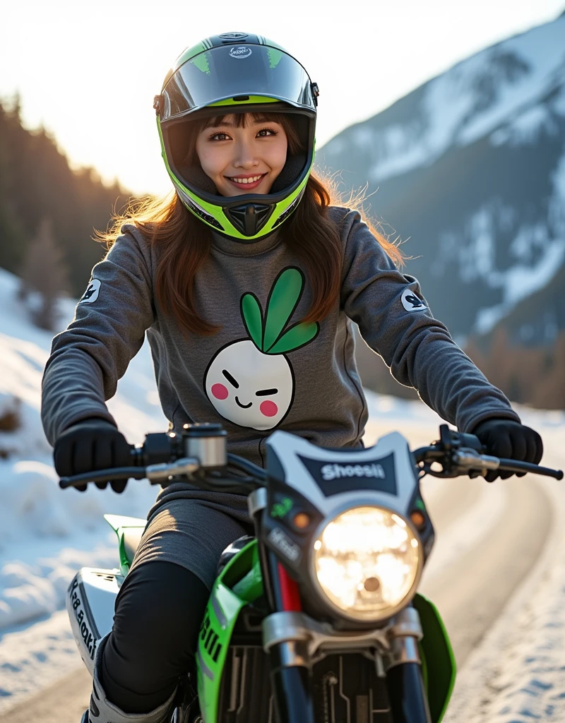 ultra-realistic, photorealistic, dramatic scene, shadow, global-illumination, solo, very beautiful Japanese woman, she is high school student but professional off-road motorcycle rider, She is riding a Kawasaki's off-road motorcycle, at the snow covered dirt road in the mountain, wearing a very cute white daikon radish character printed with fast-look patterned winter riding jacket with warm over pants, loose fitting wears, wearing a fast-look patterned SHOEI full-face off-road-helmet with a transparent visor, beautiful detailed her eyes, the white daikon that printed on the side of her motorcycle is 1 daikon\(large, very cute white daikon radish character, very cute smiled face, detailed surface texture, chubby, medium-long, full body\), professional lighting, warm winter sunshine, she looks so happy, She shows exceptional skill in high-speed riding, (shoot from side)