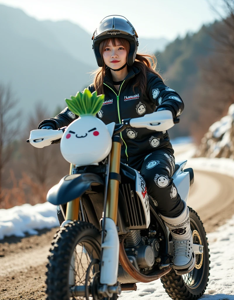 ultra-realistic, photorealistic, dramatic scene, shadow, global-illumination, solo, very beautiful Japanese woman, she is high school student but professional off-road motorcycle rider, She is riding a cute daikon radish character printed Kawasaki's off-road motorcycle, at the snow covered dirt road in the mountain, wearing a very cute fast-look neon patterned winter riding jacket with warm over pants, loose fitting wears, leather winter glove, wearing a fast-look patterned SHOEI full-face off-road-helmet with a transparent visor, beautiful detailed her eyes, the white daikon that printed on the side of her motorcycle is 1 daikon\(large, very cute white daikon radish character, very cute smiled face, detailed surface texture, chubby, medium-long, full body\), professional lighting, warm winter sunshine, she looks so happy, She shows exceptional skill in high-speed riding