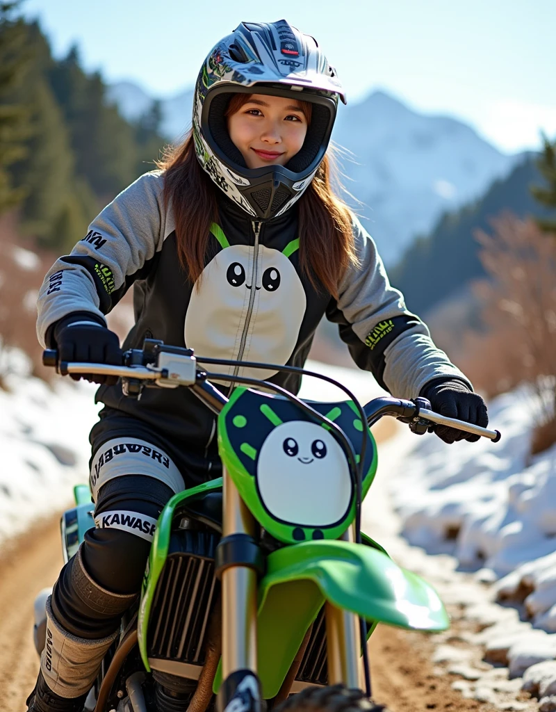 ultra-realistic, photorealistic, dramatic scene, shadow, global-illumination, solo, very beautiful Japanese woman, she is high school student but professional off-road motorcycle rider, She is riding a Kawasaki's off-road motorcycle, at the snow covered dirt road in the mountain, wearing a very cute white daikon radish character printed with fast-look patterned winter riding jacket with warm over pants, loose fitting wears, wearing a fast-look patterned SHOEI full-face off-road-helmet with a transparent visor, beautiful detailed her eyes, the white daikon that printed on the side of her motorcycle is 1 daikon\(large, very cute white daikon radish character, very cute smiled face, detailed surface texture, chubby, medium-long, full body\), professional lighting, warm winter sunshine, she looks so happy, She shows exceptional skill in high-speed riding, (shoot from side)