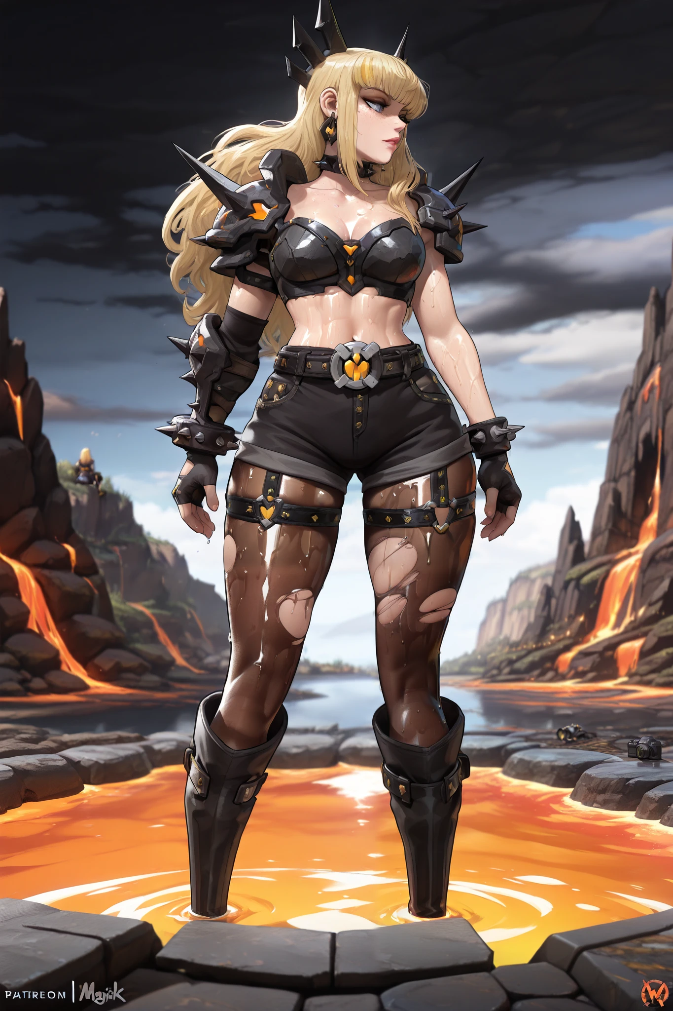 ass facing screen, turned away,((masterpiece)), ((best quality)), (detailed), beautiful dark lighting, perfect, luscious lips, dark beautiful lighting, perfect, luscious lips, skinny, fit, athletic, Magik marvel rivals, Magik, Illyana Rasputina, tall, long blonde hair with bangs, blue eyes, tight black crop-top that exposes her cleavage and mid-riff, Lower down shes wearing a very small pair of black hot-shorts, thigh high boots, standing facing away while looking back seductively with anus facing the screen, camera angle from behind, full body, nsfw, not safe for work, wet body, nice body, fit, thighs, curvy, sexy, beautiful legs, feminine body, thighs, curvy, sexy, complex detailed background, Hellscape, lava lake, magma, dark beautiful lighting, (((oiled collarbones))), (((oiled collarbones))), Beautiful face, Perfect face, Defined facial features, hard bone facial bone structure, defined cheek bones, Highly detailed beautiful face and eyes, evil seductive face, Detailed face, Detailed skin, 1girl, blue eyes, blonde hair, long hair, freckles, midriff, earrings, belt, black shorts, armor, shoulder armor, pauldrons, spiked bracelet, spiked collar, thigh straps, black gloves, fingerless gloves, brown pantyhose, torn pantyhose, knee boots