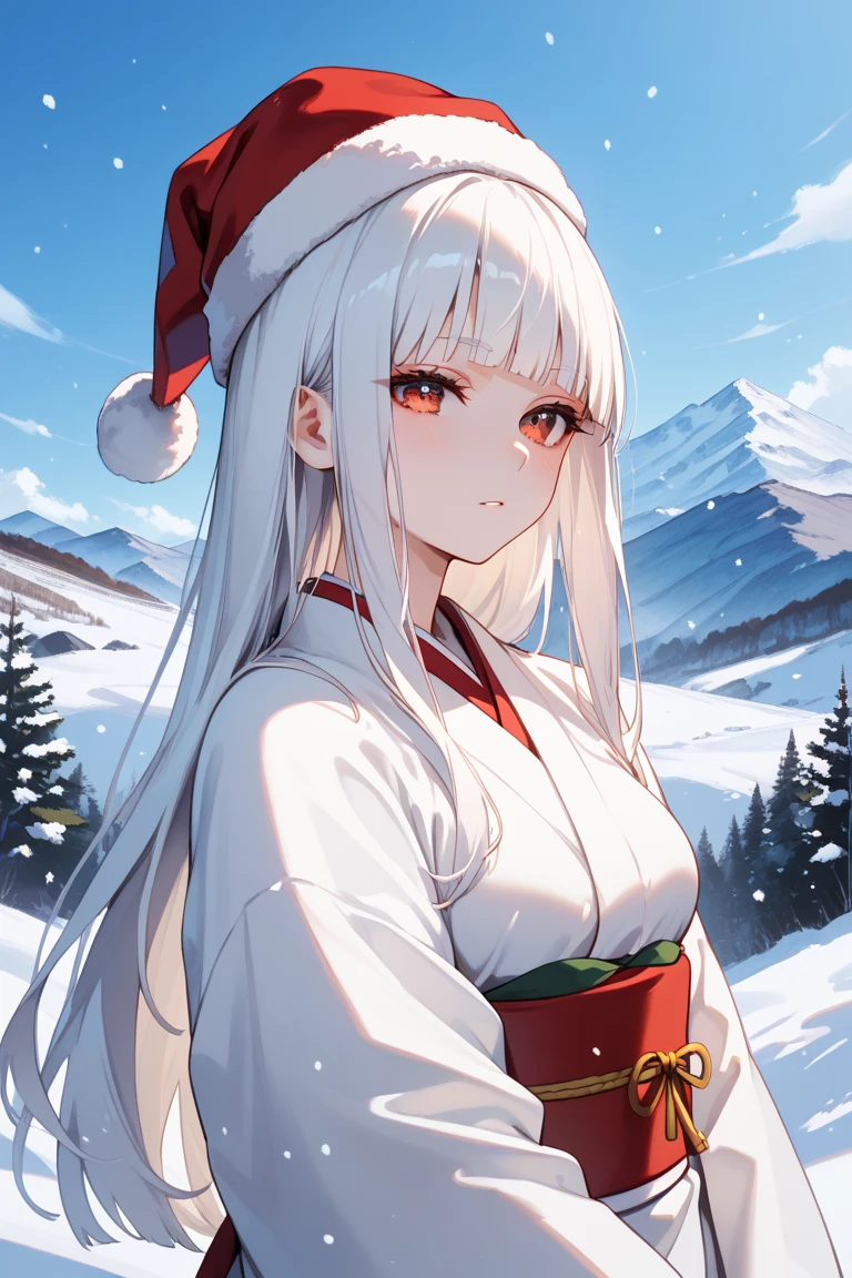 masterpiece,best quality,simple,minimalism,hime cut,beautiful japanese girl,(((straight white long hair))),troubled and groomed eyebrows,red eyes,slanted eyes,half opened eyes,white skin,white kimono red obi,simple background,snow,mountain,snowstorm,santa hat