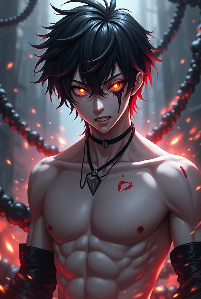 absurd, high resolution, ultra detailed, HDR, masterpiece, Manhwa, best quality, Eiden, violet hair, expressive yellow eyes, asian gay, solo, tanned skin, sexy man, handsome, horny, lewd, demon, horns, clothes black leather, red cape, accessories, showing chest, red sky, red moon, red trees, red spider lilies, fantasy, black magic, magical