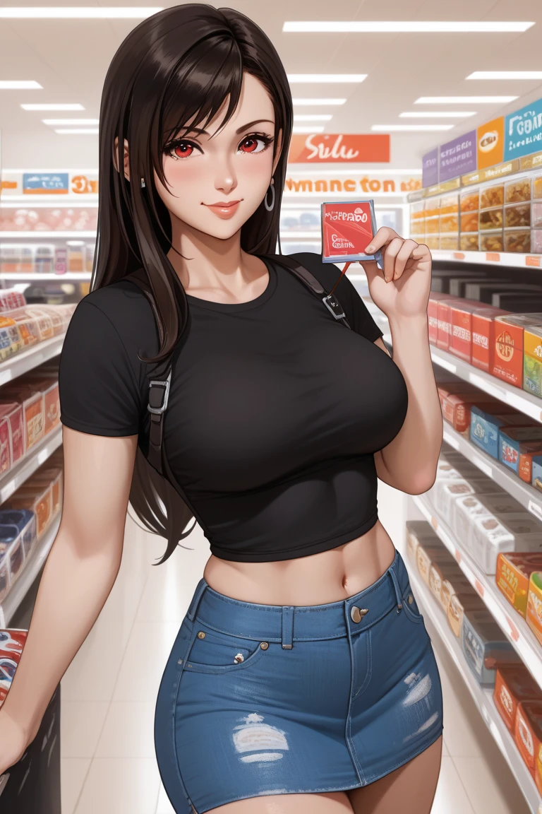 A character inspired by Tifa from Final Fantasy、Create an image of her working in an apparel shop.。She has distinctive long dark brown hair.、She is serving customers in a stylish store.。Draw Tifa wearing a modern black shirt and denim skirt.、A stylish store layout and clothing items are in the background.。Draw her with a cheerful and friendly expression, showing customers around the products.。A colorful, trendy outfit is displayed in the background.、Create a lively atmosphere.。