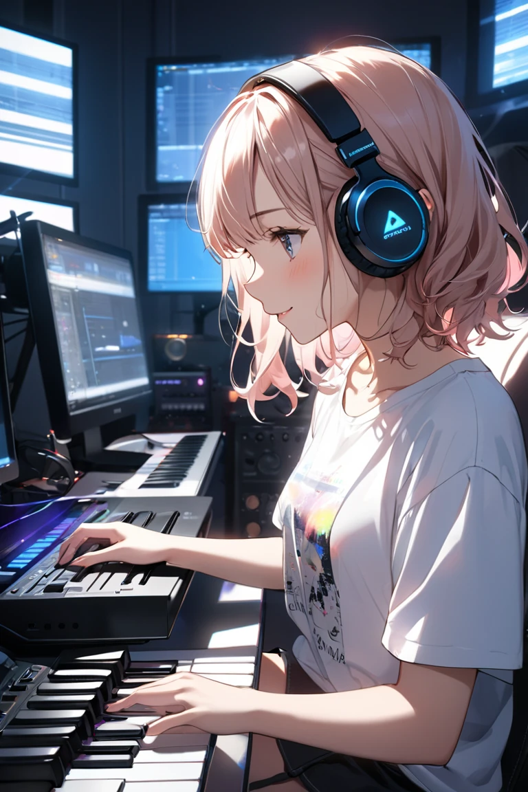 (masterpiece: 1.3,  highest resolution,  top quality , 8k,  depth of field , 8k,  Very Delicate Illustration ,  PERFECT DETAIL),  perfect lighting, ( Very Cute Single Girl ),Side View, Lightly wavy hair, Alone,  a girl making music on her home studio computer,  Rembrandt,  Silent Recording Studio ,  detailed body ,  white t-shirt , Singing with a happy expression , ( sitting in front of a MIDI keyboard :1.1, Native Instruments Complete Control S88 ),   Neon Glare Around Her Headphones  , SONY MDR-CD900ST, Operating Computer iMac ,  Monitor The DAW interface will appear , Steinberg Cube Bass ,Beautiful Fingers Playing a Keyboard , Delicate hands,  Surrounding Her There Are Colorful Musical Note Marks ,  night sky light shining through a window ,  Night Light Illuminated Room ,  fluorescent desk light 