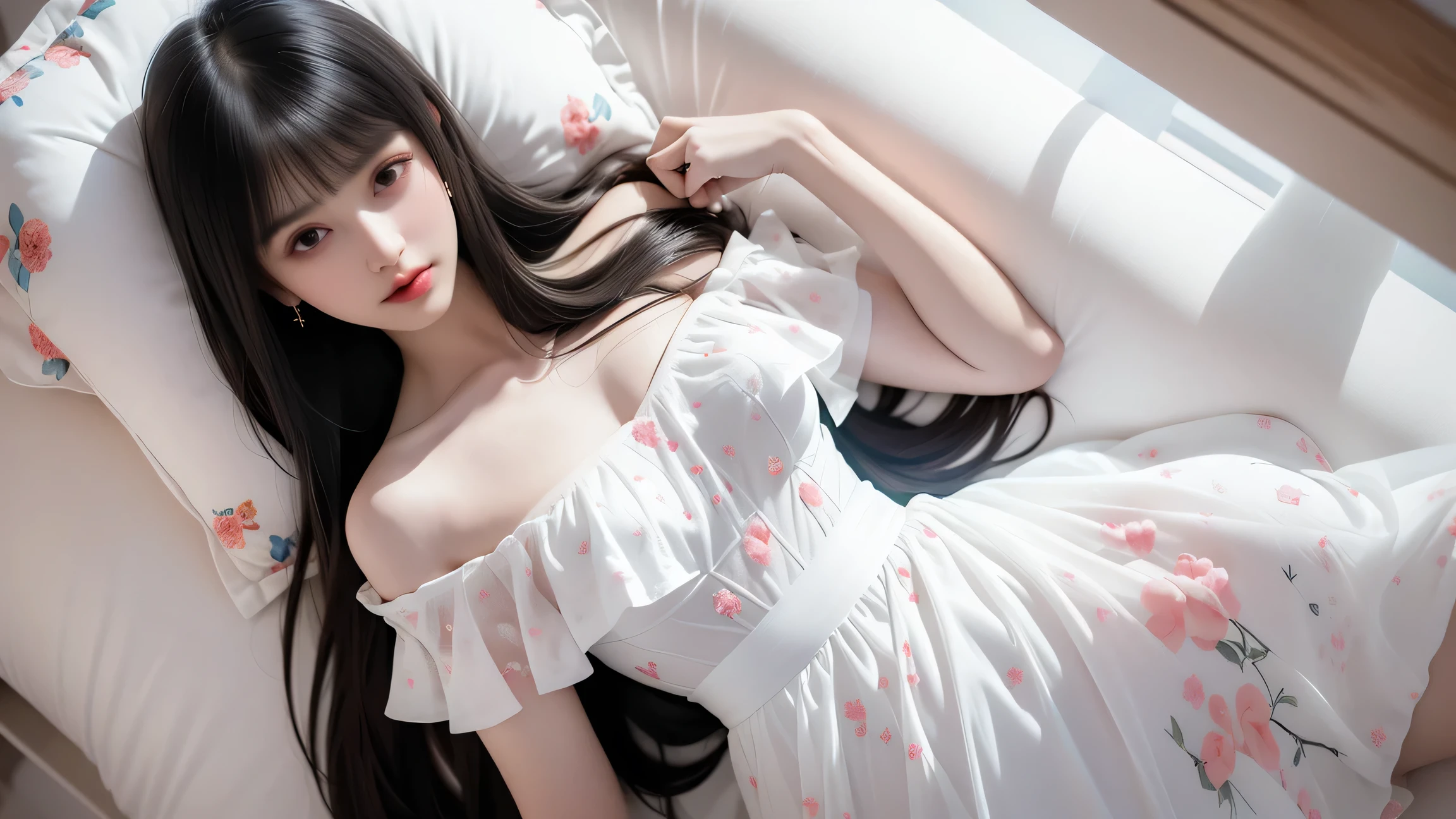 ((realistic illumination,top-quality,8K,tmasterpiece:1.3)),Clear focus:1.2,1womanl,Perfect beauty:1.4,Yushuxin,1girll,shift dresses,独奏,brunette color hair,jewely,long whitr hair,耳Nipple Ring,Bow knot,Pink dress,Lying in bed,exposed bare shoulders,Airless Gainsboro,long skirt,hair bow,ln the forest,Pink bow,No shoulder strap,standing on your feet,choker necklace,tilt of the head,Chapped lips,wavey hair,straplessdress,Lace sleeves,Cetacine dress,Close-up woman posing for photo in white nightdress,Beautiful virgin,beautiful Korean women,uma linda princesa,cute elegant pose,Bell Delfinn,Wearing a pink dress,beautiful fantasy maiden,Anime princess,beautiful and seductive anime woman,Beautiful Asian Girls,attractive anime girls,elegant glamourous cosplay,(Lie down in bed:1.8),(Beautiful sphere articulated doll:1.3),Luxurious princess dress