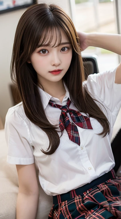 (1young girls), (extremely detailed beautiful face), Amazing face and eyes, (Best Quality:1.4), (Ultra-detailed), (extremely detailed CG unified 8k wallpaper), Highly detailed, High-definition raw color photos, Professional Photography, Realistic portrait, Amazing face and eyes, Pink eyes, (High School Uniform, Pleated mini-skirt:1.3), (High school uniform with wide open chest:1.5), Mini skirt, Brown hair, Model, depth of fields, School, crass room, (Squatting:1.2), (:1.5), (View from below:1.2),