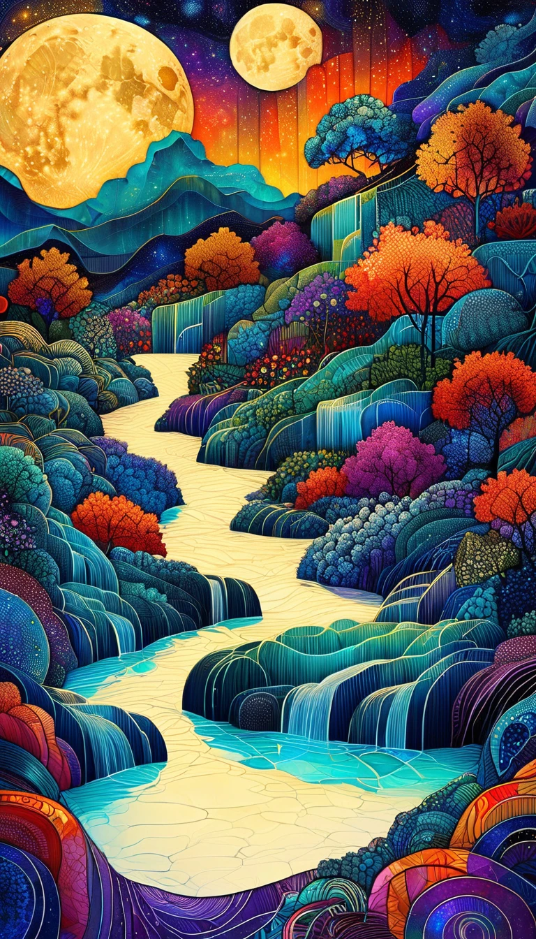 Best quality, high resolution, best composition, dynamic composition, zentangle style, colorful landscape painting, vibrant abstract landscape, moonlit waterfall landscape on summer night, full moon night, Milky Way galaxy glowing, beautiful water in the waterfall basin, dynamic landscape, cinematic color and lighting, detailed landscape painting with muted colors, high quality desktop wallpaper, beautiful digital art.