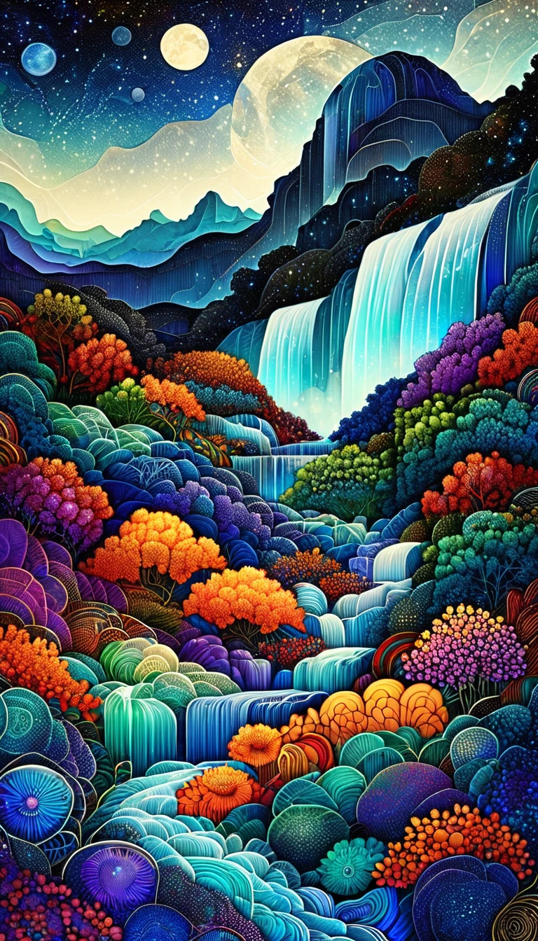 Best quality, high resolution, best composition, dynamic composition, zentangle style, colorful landscape painting, vibrant abstract landscape, moonlit waterfall landscape on summer night, full moon night, Milky Way galaxy glowing, beautiful water in the waterfall basin, dynamic landscape, cinematic color and lighting, detailed landscape painting with muted colors, high quality desktop wallpaper, beautiful digital art.