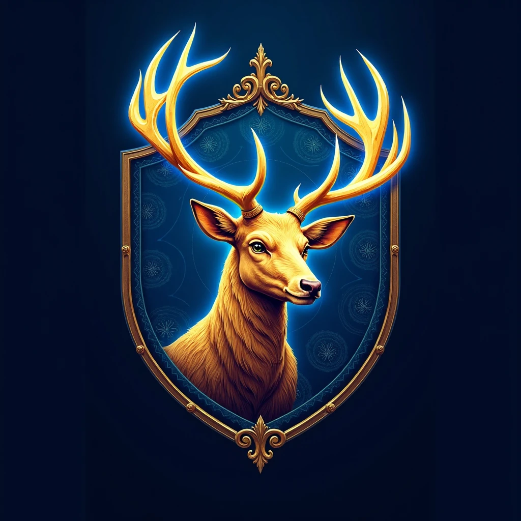 A guild emblem. Mythical Golden stag facing side with large antler with ...