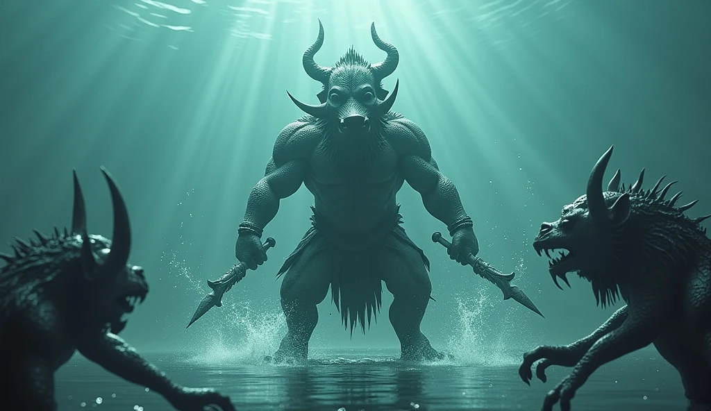 Create a highly stylized and surreal digital artwork featuring a humanoid figure with exaggerated and grotesque features. The central figure should have a monstrous mouth with sharp teeth and a single, oversized eye in the center of its head. Its muscular body is adorned with symbolic tattoos, and it is crouching with chains attached to its neck, suggesting themes of bondage or restraint. The background should evoke a tumultuous environment, with stormy seas and tentacle-like appendages, creating a dark and ominous atmosphere. The image should be rich in detail and color, focusing on textures and dramatic interplay of light and shadow, reminiscent of fantasy or horror aesthetics
