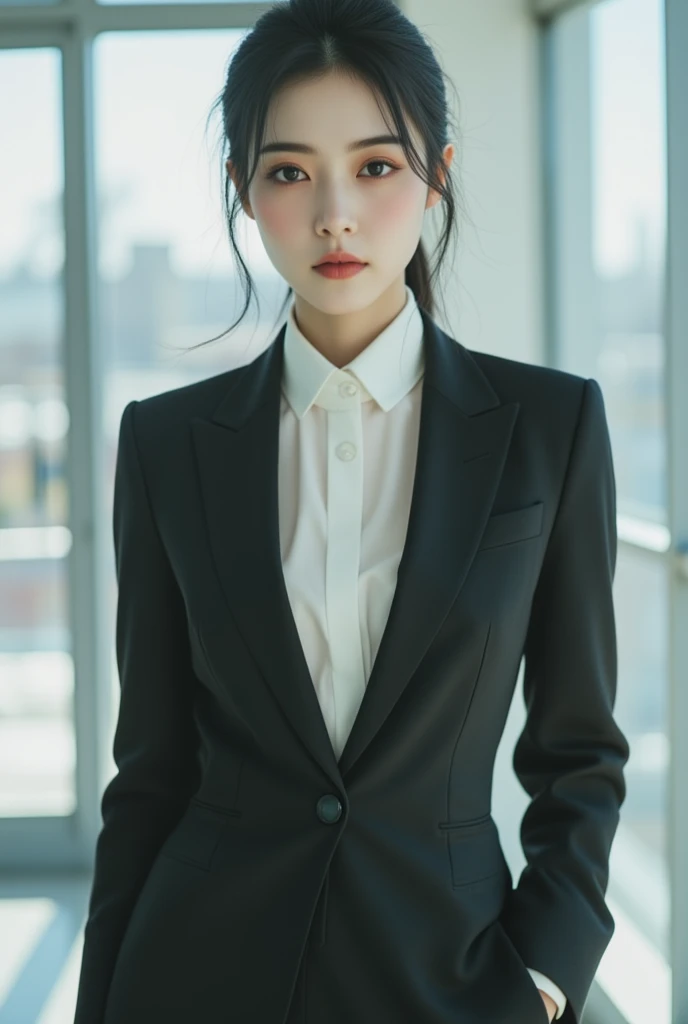 Obbllai ,
 Modern , Minimalistic setting ,  Focus on.  She's wearing a stylish ,   creates a tailored suit 、 powerful gaze  .   LB Polaroid filters medium shot of an Asian woman posing confidently、Adding cool colors, 、 emphasizes her strong features .  studio lighting creates a sharp  ,  clean looking .