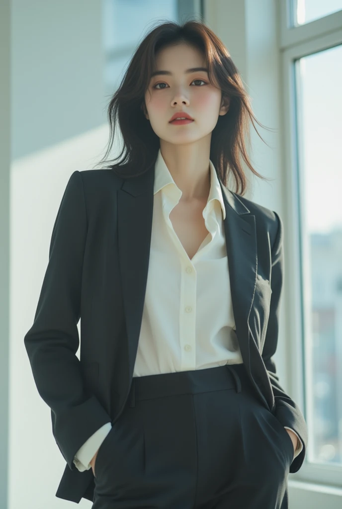 Obbllai ,
 Modern , Minimalistic setting ,  Focus on.  She's wearing a stylish ,   creates a tailored suit 、 powerful gaze  .   LB Polaroid filters medium shot of an Asian woman posing confidently、Adding cool colors, 、 emphasizes her strong features .  studio lighting creates a sharp  ,  clean looking .