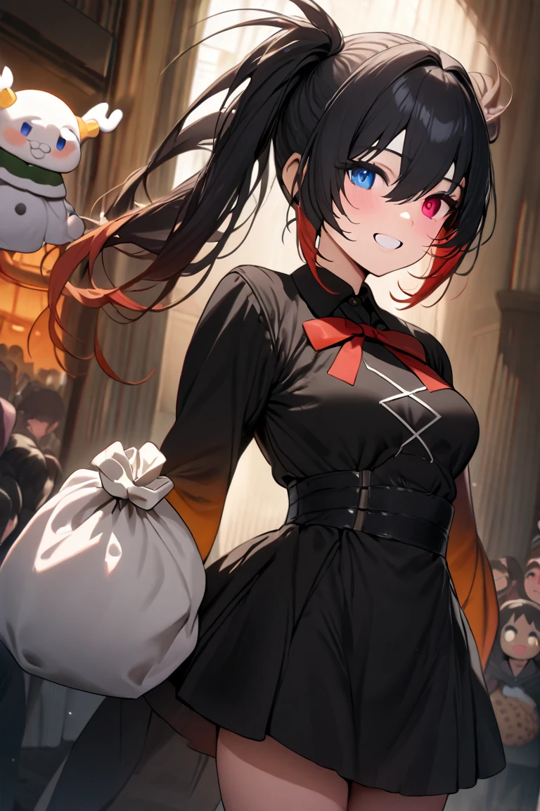  maximum resolution,  very detailed ,  Best Quality ,precise,  masterpieces , Solo,  looking at the audience ,1 woman,padoru ,chubi ,  black hair,  Waist-Length Twinkle Hair ,Orange Gradient Hair , heterochromia, red-eyed, blue eyes, X-Shaped Eyelet, smile padoru  , black christmas dress , Holds Gift Bag , Anatomically Correct