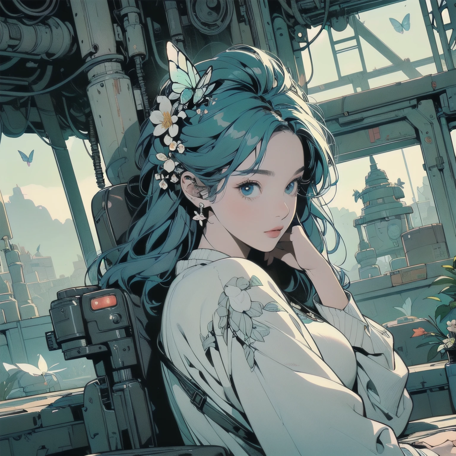 (((masterpiece, Highest quality)))、(((32K Wallpapers)))、The most detailed machine、(((The most complete and detailed yellow futuristic machine with a woman)))、The most detailed background、(((Flat Chest)))、(((Surrounded by many complex, sophisticated, futuristic machines)))、head shot,((((more various angle))))、((Overall colorfully))、A perfect machine、(((Perfect Face)))、(((The most complete machine of the future)))、Sparkling Eyes、Detailed Hair
