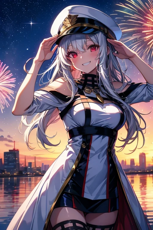 vibrant colors, girl, masterpiece, sharp focus, best quality, depth of field, cinematic lighting, ,white captain outfit, hat, long hair, white hair, red eyes, laughing, smile, medium breasts, outdoors, fireworks, salute, night sky, starry sky, city, water, 