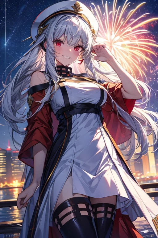 vibrant colors, girl, masterpiece, sharp focus, best quality, depth of field, cinematic lighting, ,white captain outfit, hat, long hair, white hair, red eyes, laughing, smile, medium breasts, outdoors, fireworks, salute, night sky, starry sky, city, water, 