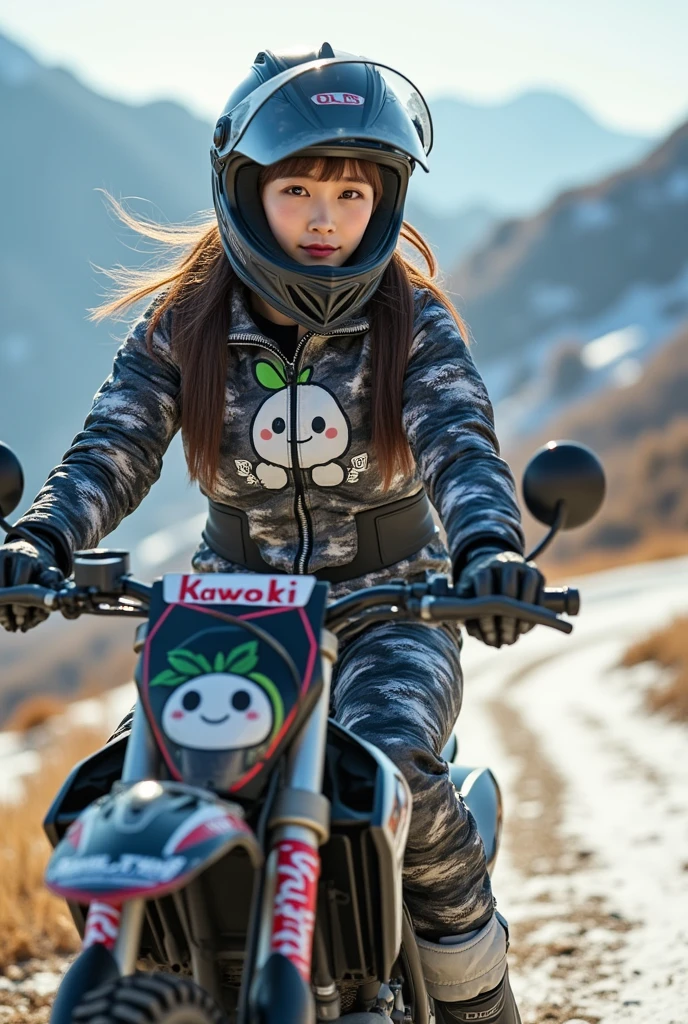 ultra-realistic, photorealistic, dramatic scene, shadow, global-illumination, solo, very beautiful Japanese woman, she is high school student but professional off-road motorcycle rider, She is riding a Kawasaki's off-road motorcycle, at the snow covered dirt road in the mountain, wearing a very cute white daikon radish character printed with fast-look patterned winter riding jacket with warm over pants, loose fitting wears, wearing a fast-look patterned SHOEI full-face off-road-helmet with a transparent visor, beautiful detailed her eyes, the white daikon that printed on the side of her motorcycle is 1 daikon\(large, very cute white daikon radish character, very cute smiled face, detailed surface texture, chubby, medium-long, full body\), professional lighting, warm winter sunshine, she looks so happy, She shows exceptional skill in high-speed riding, (shoot from side)