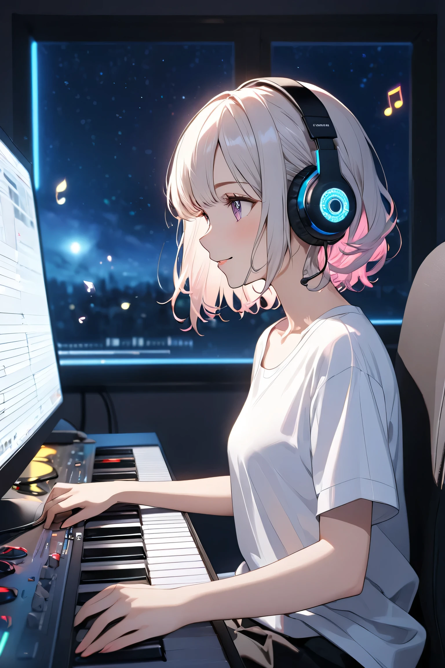 (masterpiece: 1.3,  highest resolution,  top quality , 8k,  depth of field , 8k,  Very Delicate Illustration ,  PERFECT DETAIL),  perfect lighting, ( Very Cute Single Girl ),Side View, Lightly wavy hair, Alone,  a girl making music on her home studio computer,  Rembrandt,  Silent Recording Studio ,  detailed body ,  white t-shirt , Singing with a happy expression , ( sitting in front of a MIDI keyboard :1.1, Native Instruments Complete Control S88 ),   Neon Glare Around Her Headphones  , SONY MDR-CD900ST, Operating Computer iMac ,  Monitor The DAW interface will appear , Steinberg Cube Bass ,Beautiful Fingers Playing a Keyboard , Delicate hands,  Surrounding Her There Are Colorful Musical Note Marks ,  night sky light shining through a window ,  Night Light Illuminated Room ,  fluorescent desk light 