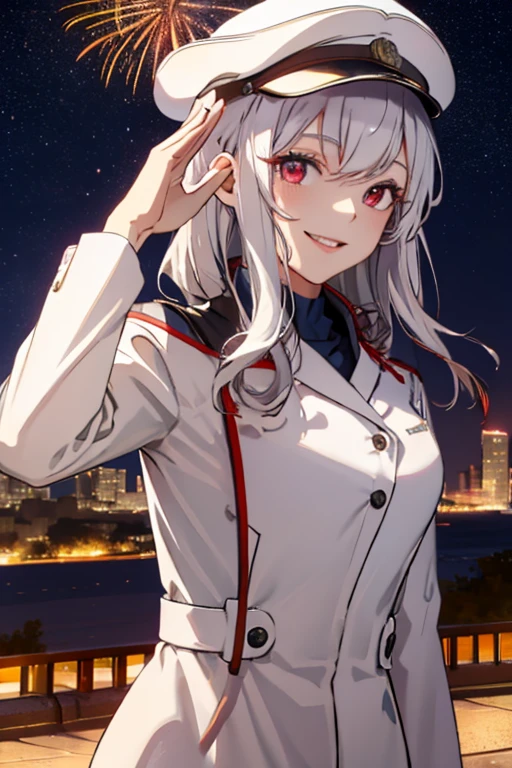 vibrant colors, girl, masterpiece, sharp focus, best quality, depth of field, cinematic lighting, ,white captain outfit, hat, long hair, white hair, red eyes, laughing, smile, medium breasts, outdoors, fireworks, salute, night sky, starry sky, city, water, 