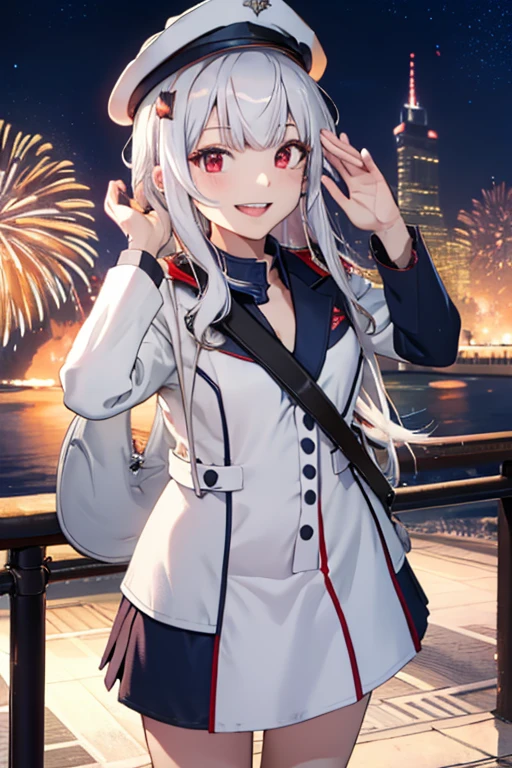 vibrant colors, girl, masterpiece, sharp focus, best quality, depth of field, cinematic lighting, ,white captain outfit, hat, long hair, white hair, red eyes, laughing, smile, medium breasts, outdoors, fireworks, salute, night sky, starry sky, city, water, 